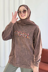 Bisiklet Yaka Önü Nakışlı Yıkamalı Tunik 8920 - Kahverengi